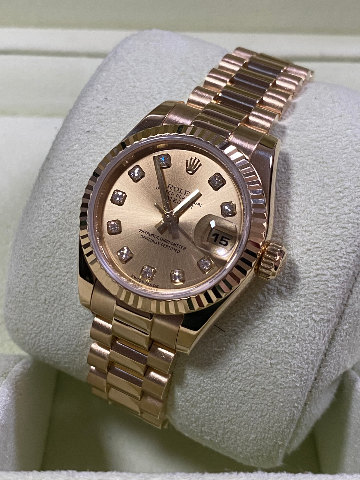 Rolex Yellow Gold Lady-Datejust - D Serial - Fluted Bezel - Factory Diamond Dial - President Bracelet - 179178