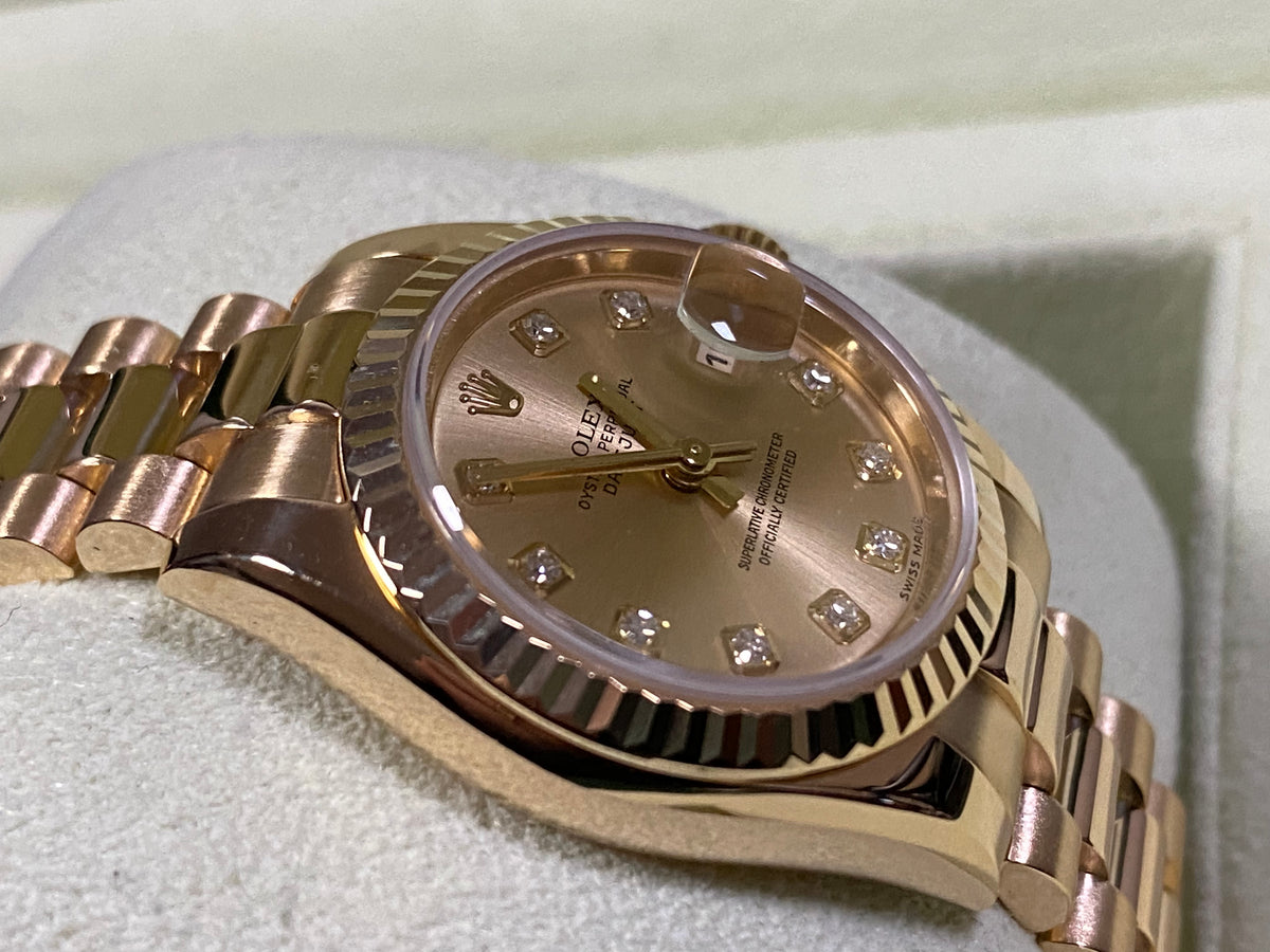 Rolex Yellow Gold Lady-Datejust - D Serial - Fluted Bezel - Factory Diamond Dial - President Bracelet - 179178