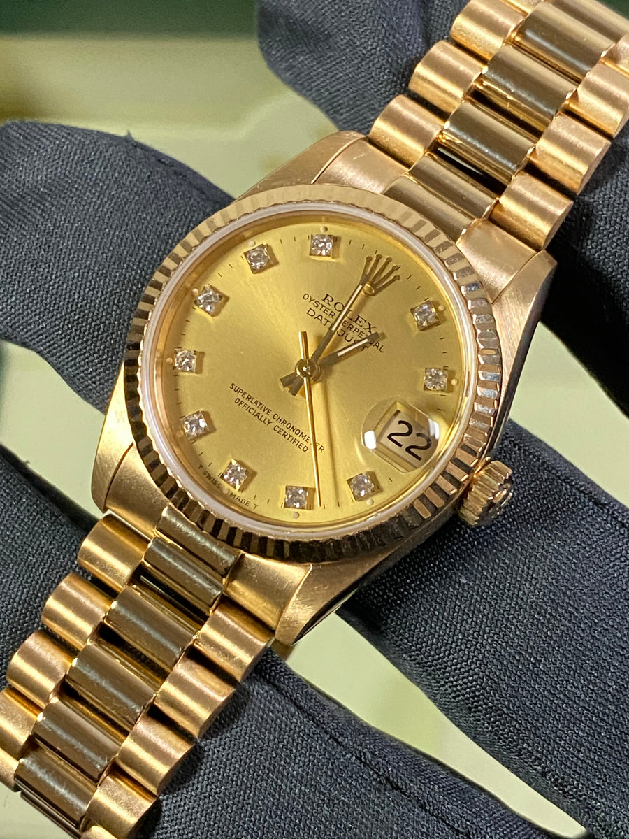 Rolex Yellow Gold Datejust 31 - E Serial - Fluted Bezel - Factory Diamond Dial - President Bracelet - 68278