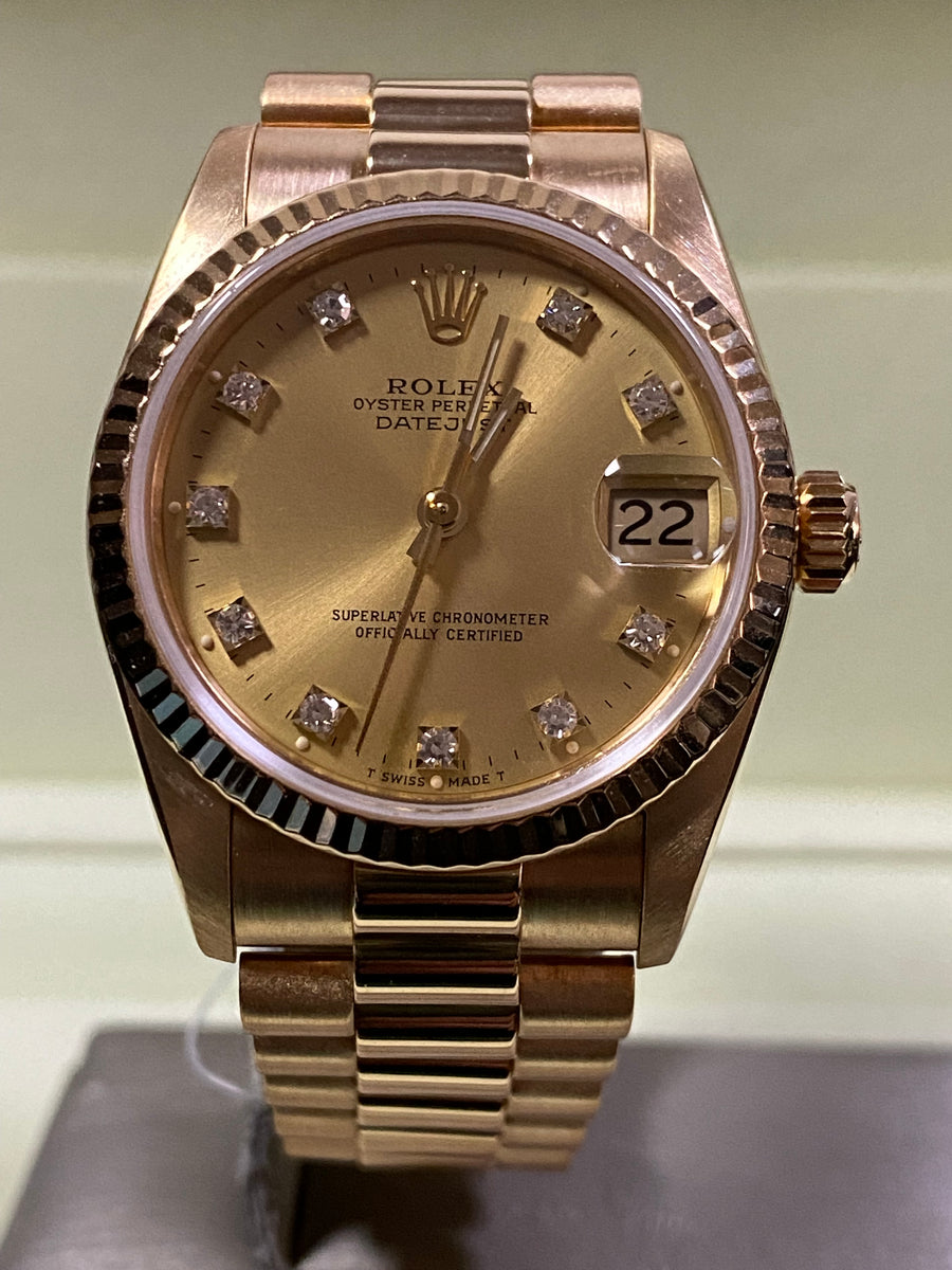 Rolex Yellow Gold Datejust 31 - E Serial - Fluted Bezel - Factory Diamond Dial - President Bracelet - 68278