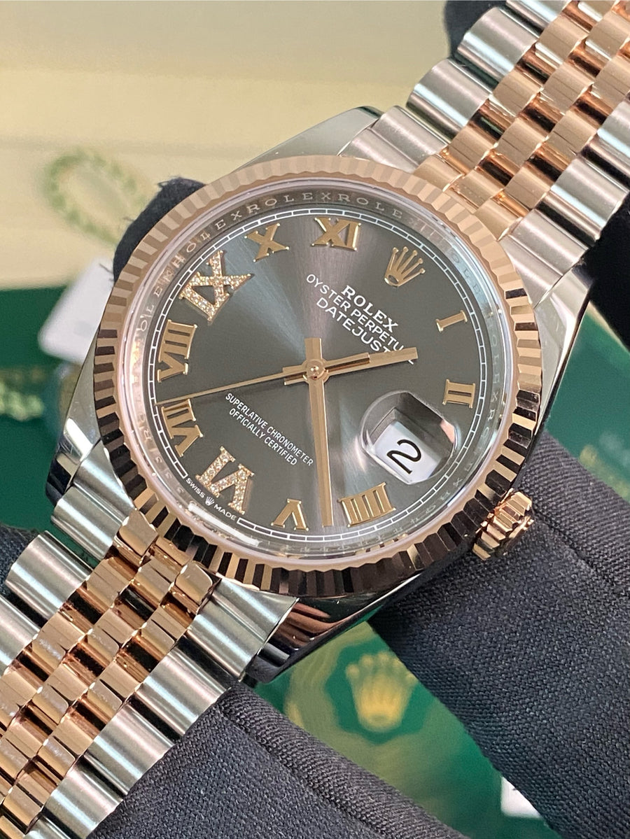 Rolex Steel and Everose Gold Datejust 36 - 2024 - Fluted Bezel - Slate Diamond-Set Dial - Jubilee Bracelet - 126231 *FULL SET*