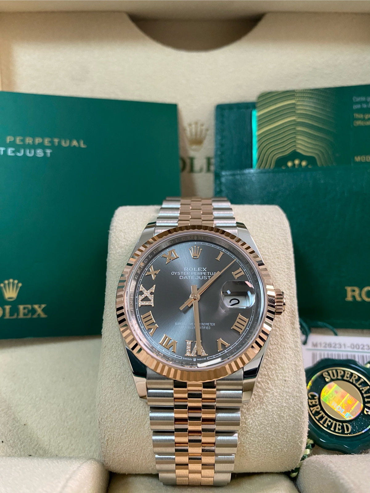 Rolex Steel and Everose Gold Datejust 36 - 2024 - Fluted Bezel - Slate Diamond-Set Dial - Jubilee Bracelet - 126231 *FULL SET*