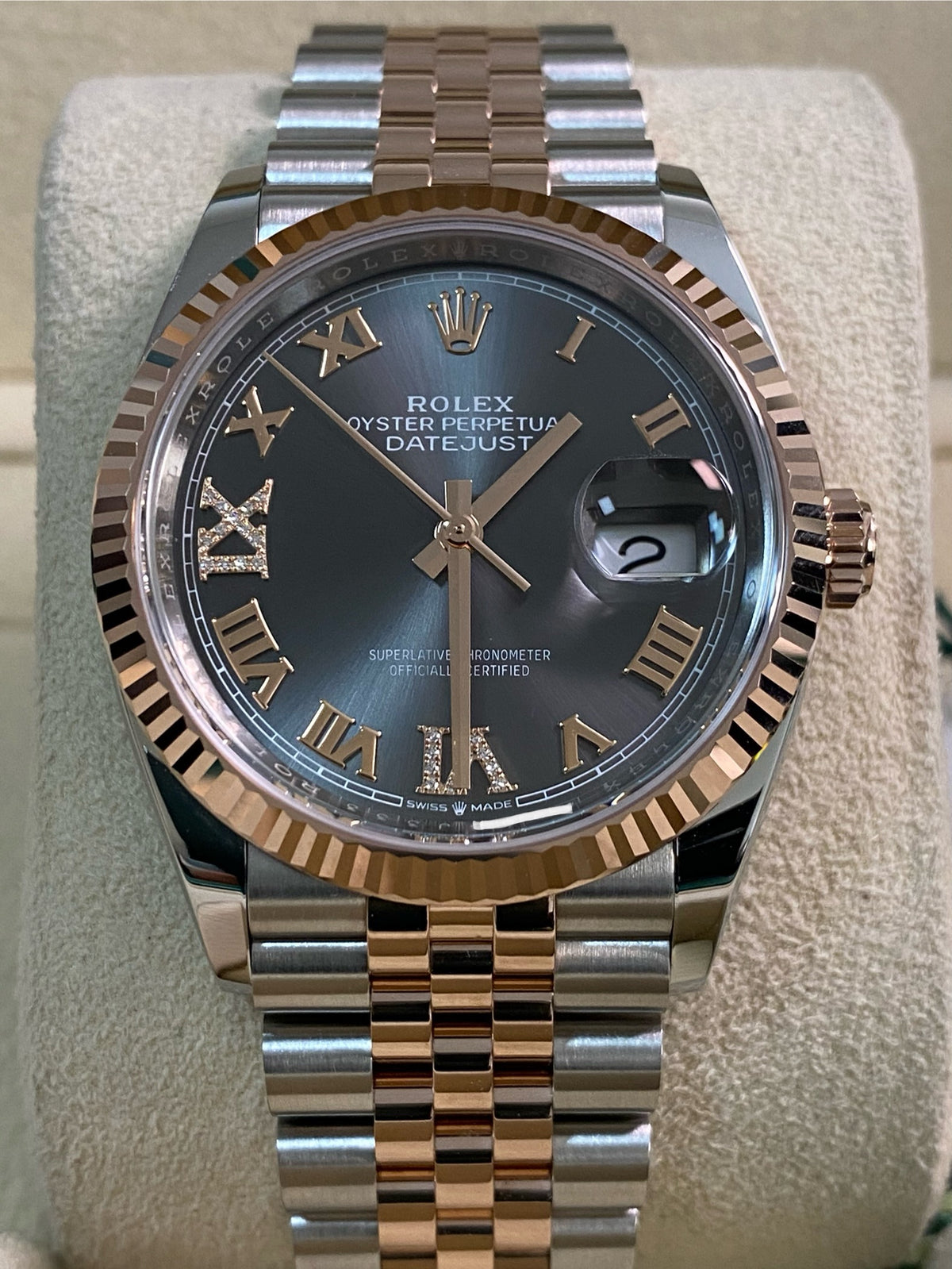 Rolex Steel and Everose Gold Datejust 36 - 2024 - Fluted Bezel - Slate Diamond-Set Dial - Jubilee Bracelet - 126231 *FULL SET*