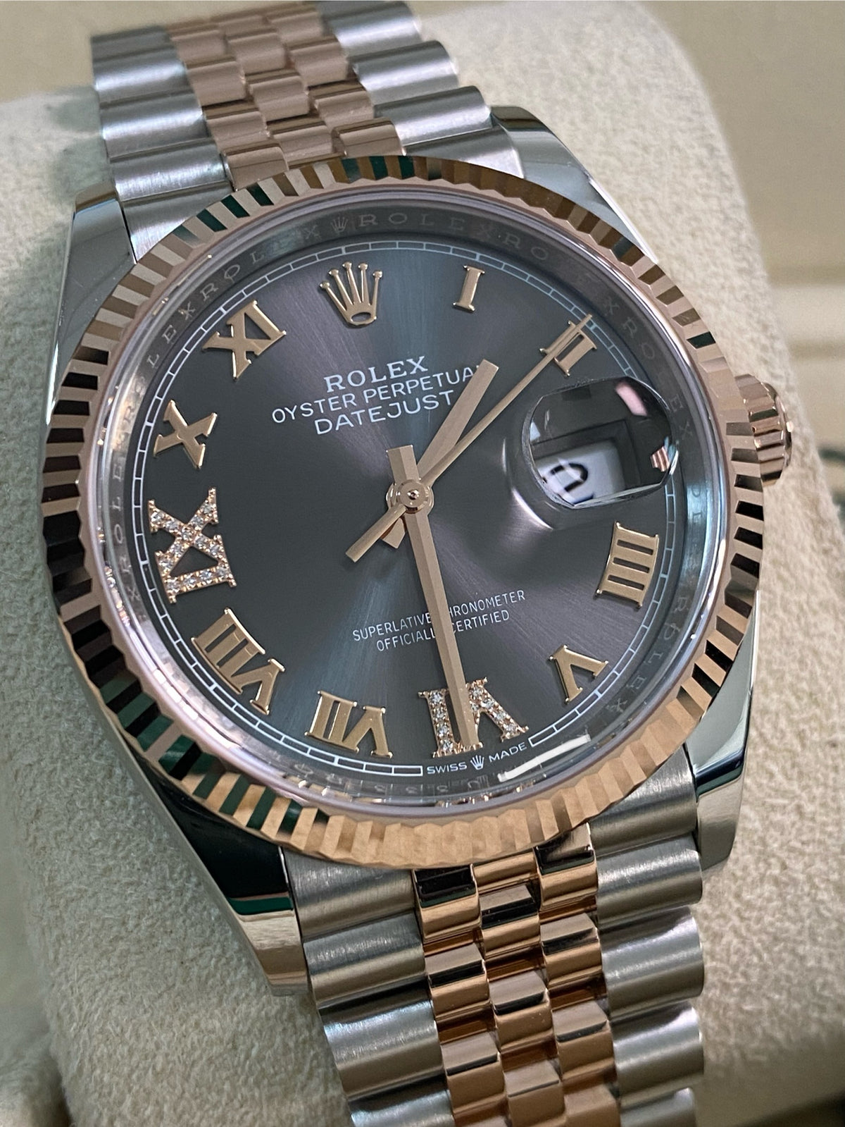 Rolex Steel and Everose Gold Datejust 36 - 2024 - Fluted Bezel - Slate Diamond-Set Dial - Jubilee Bracelet - 126231 *FULL SET*