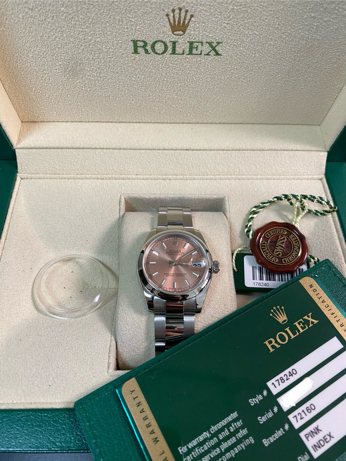 Rolex Steel Datejust 31 - Domed Bezel - Pink Index Dial - Oyster Bracelet - 178240 *FULL SET*