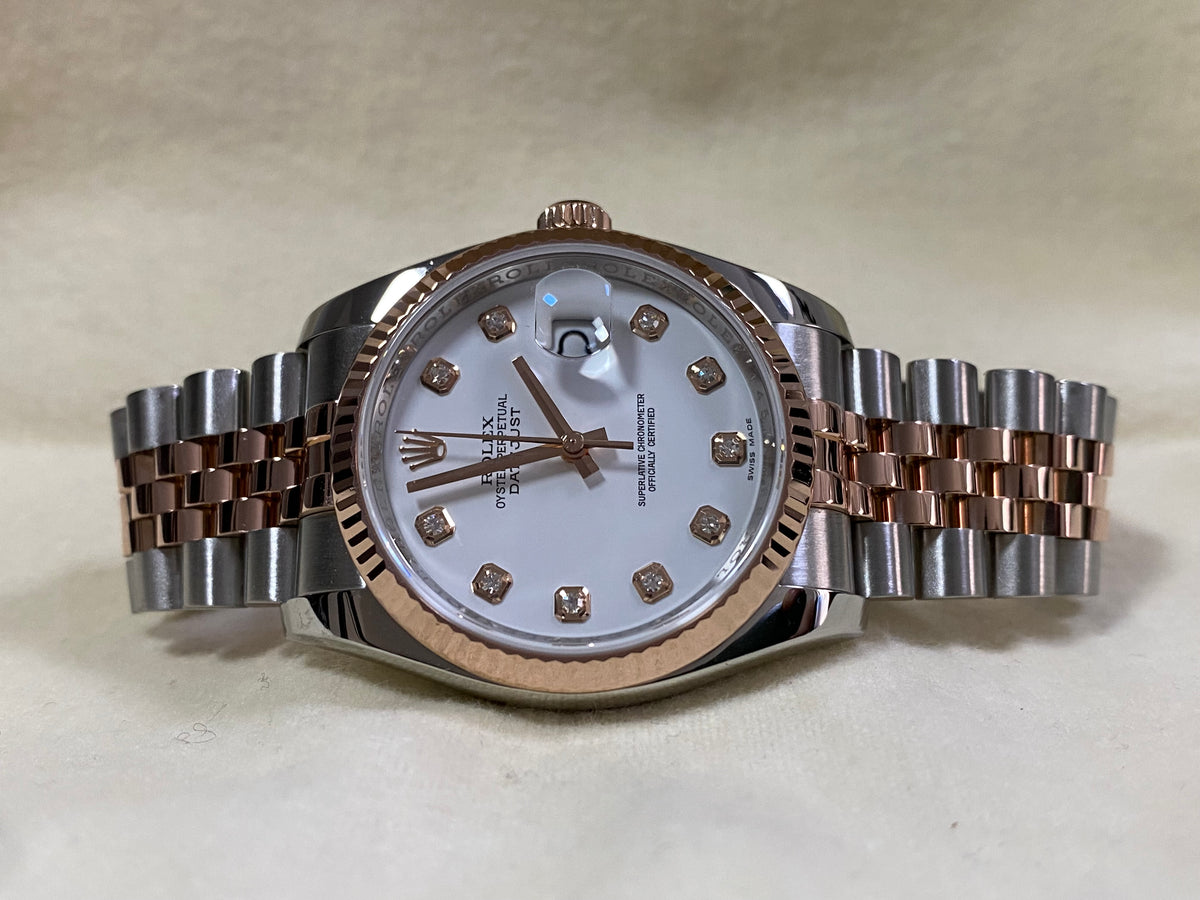 Rolex Steel and Everose Gold Datejust 36 - 2014 - Fluted Bezel - Factory White Diamond Dial - Jubilee Bracelet - 116231