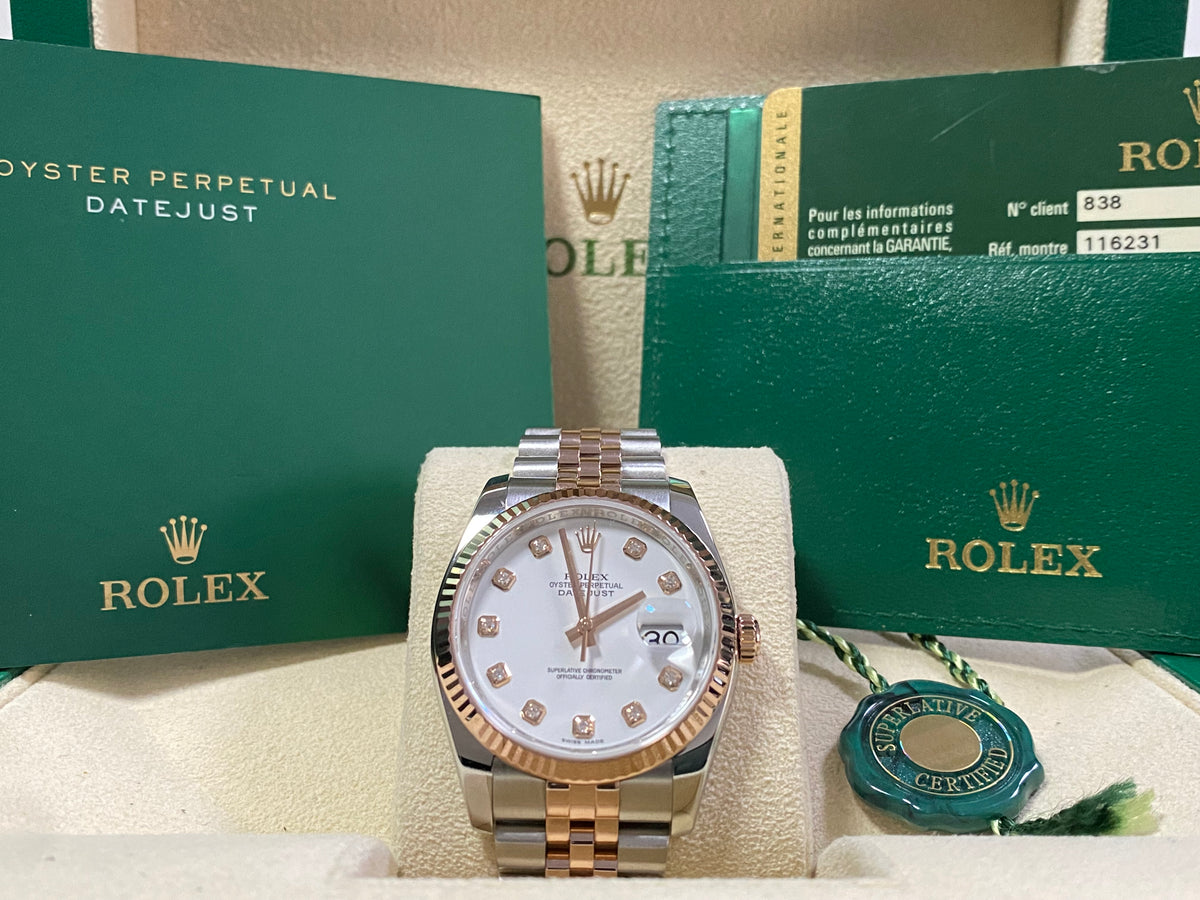 Rolex Steel and Everose Gold Datejust 36 - 2014 - Fluted Bezel - Factory White Diamond Dial - Jubilee Bracelet - 116231