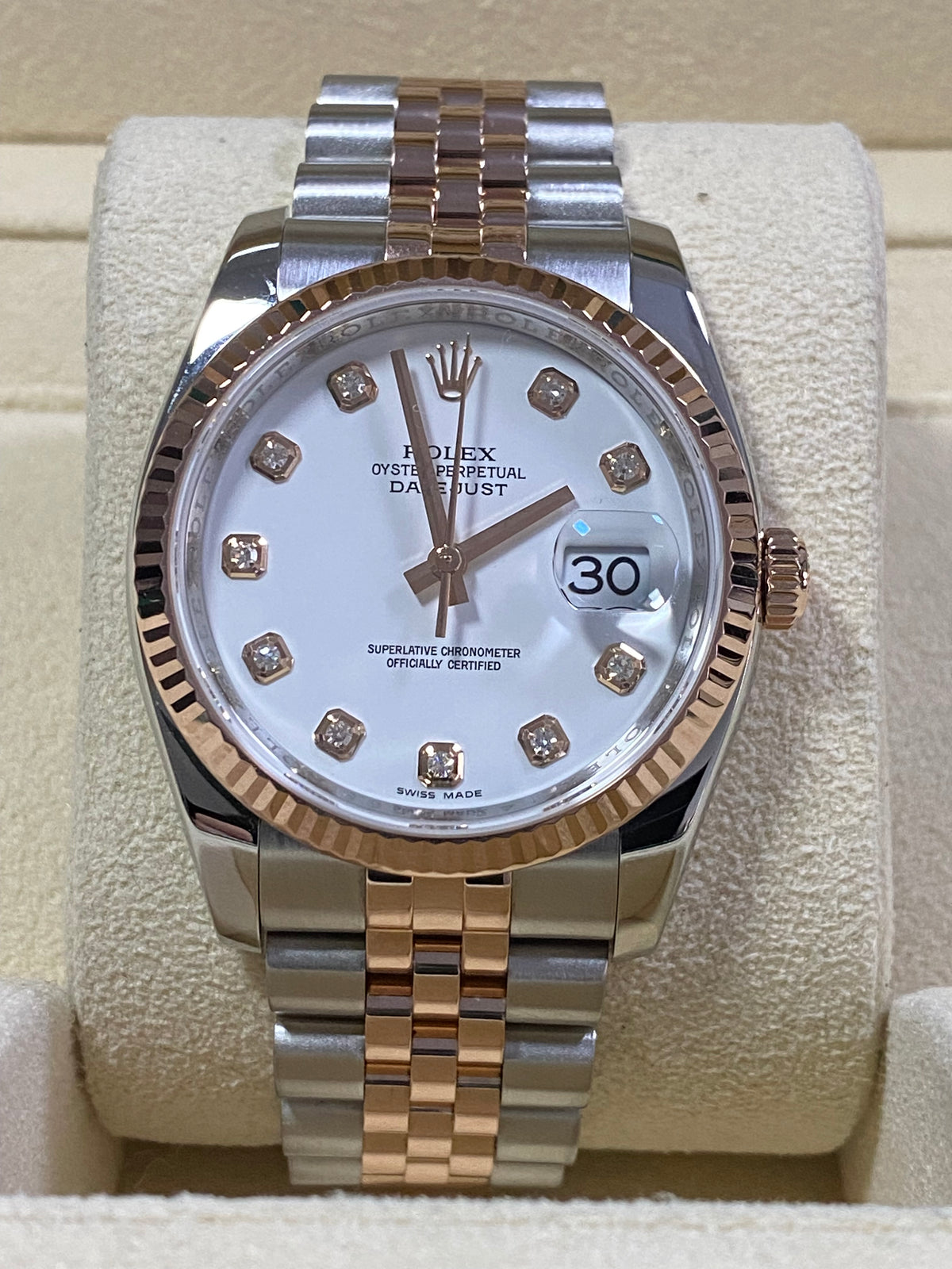 Rolex Steel and Everose Gold Datejust 36 - 2014 - Fluted Bezel - Factory White Diamond Dial - Jubilee Bracelet - 116231