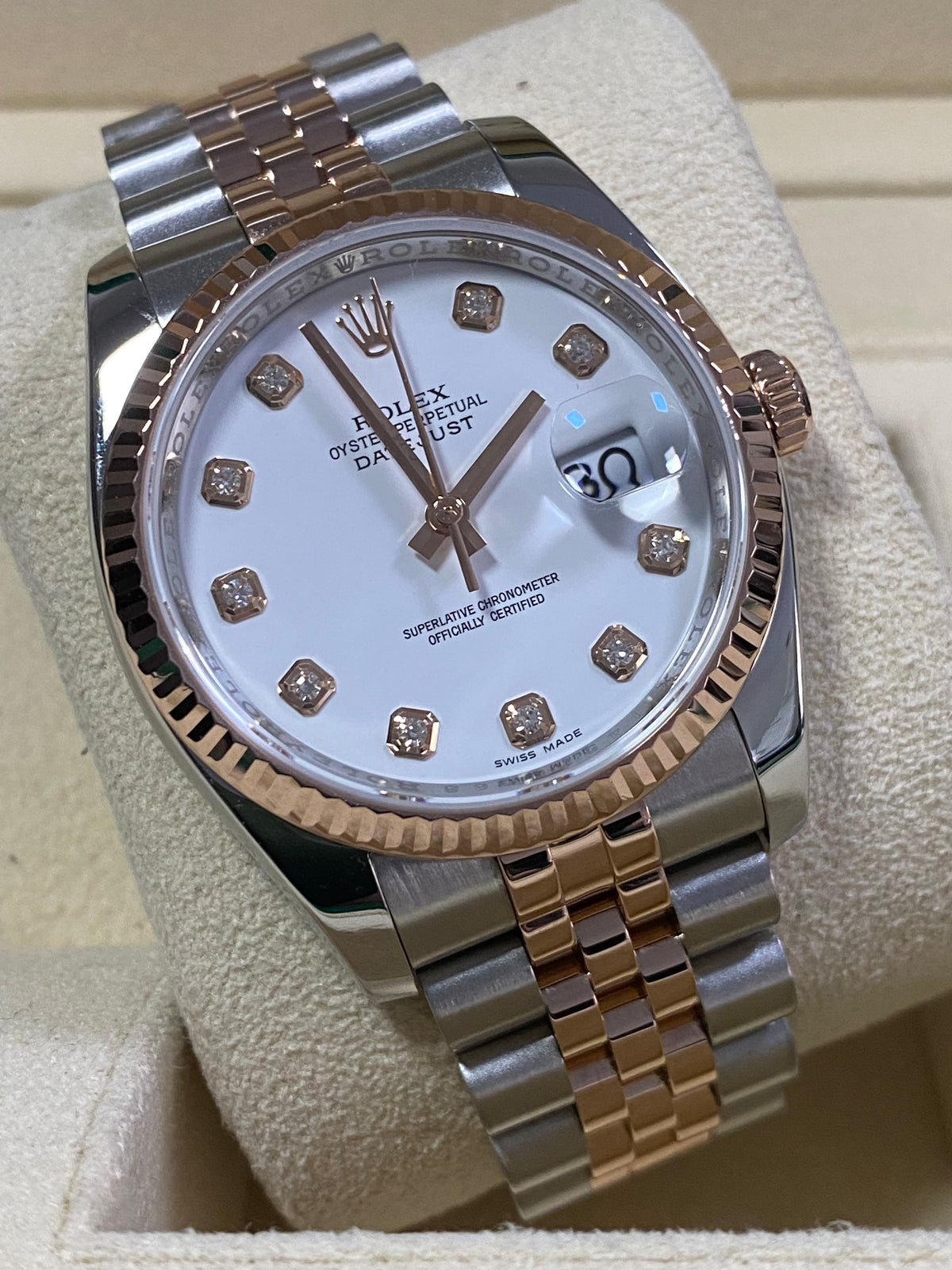 Rolex Steel and Everose Gold Datejust 36 - 2014 - Fluted Bezel - Factory White Diamond Dial - Jubilee Bracelet - 116231