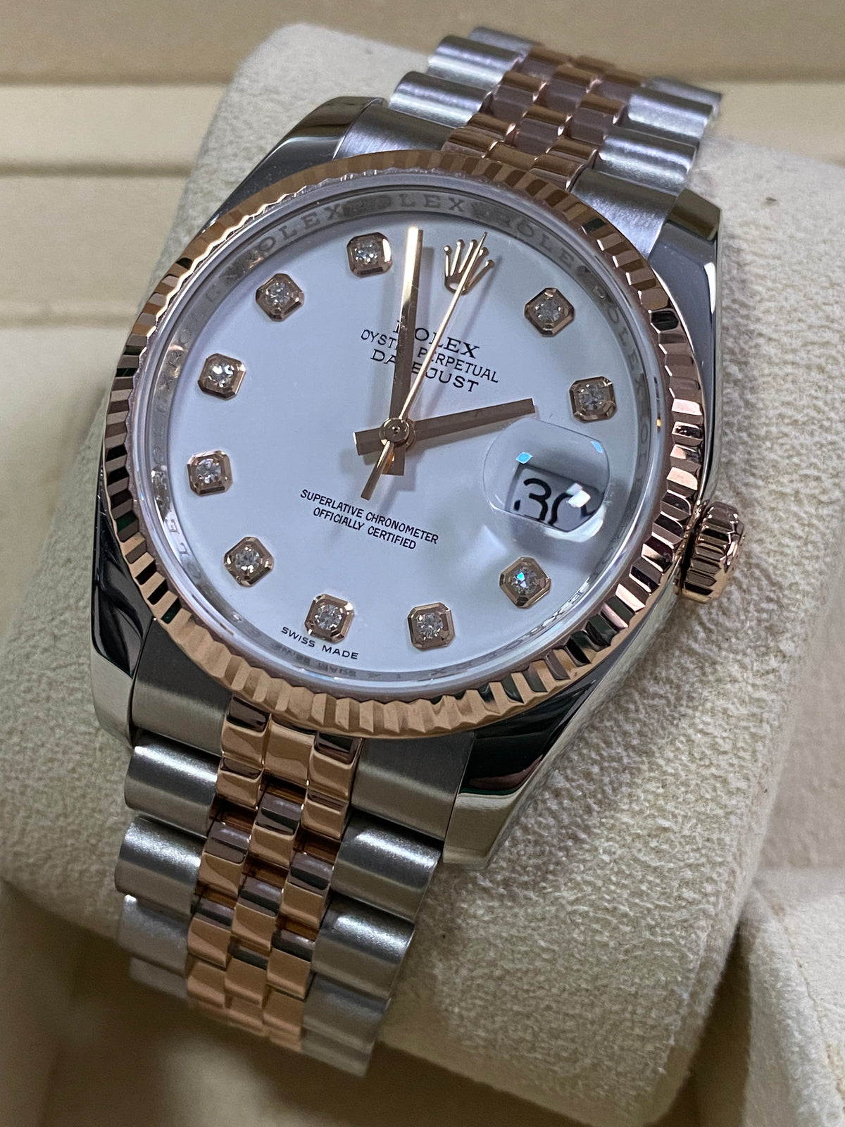 Rolex Steel and Everose Gold Datejust 36 - 2014 - Fluted Bezel - Factory White Diamond Dial - Jubilee Bracelet - 116231