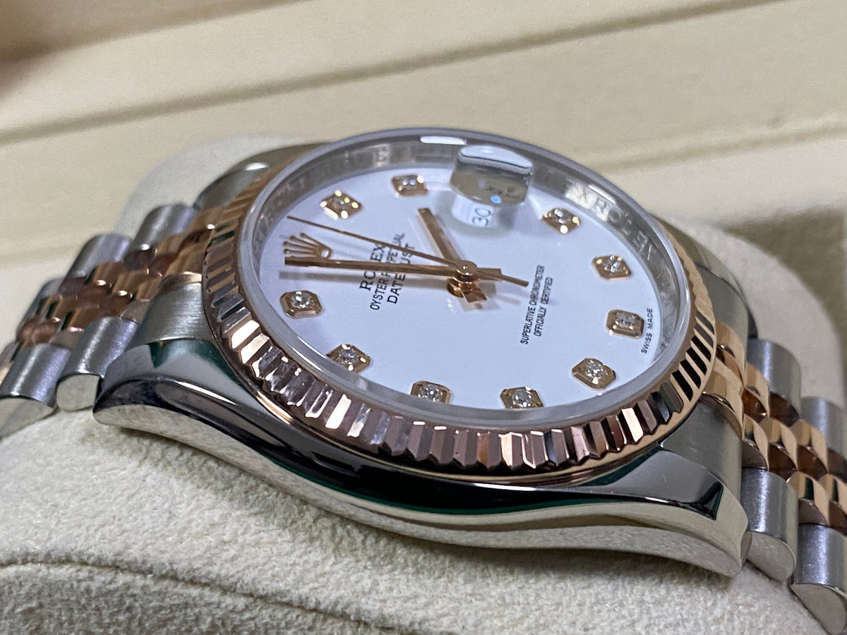 Rolex Steel and Everose Gold Datejust 36 - 2014 - Fluted Bezel - Factory White Diamond Dial - Jubilee Bracelet - 116231