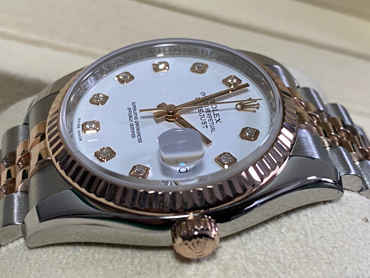 Rolex Steel and Everose Gold Datejust 36 - 2014 - Fluted Bezel - Factory White Diamond Dial - Jubilee Bracelet - 116231