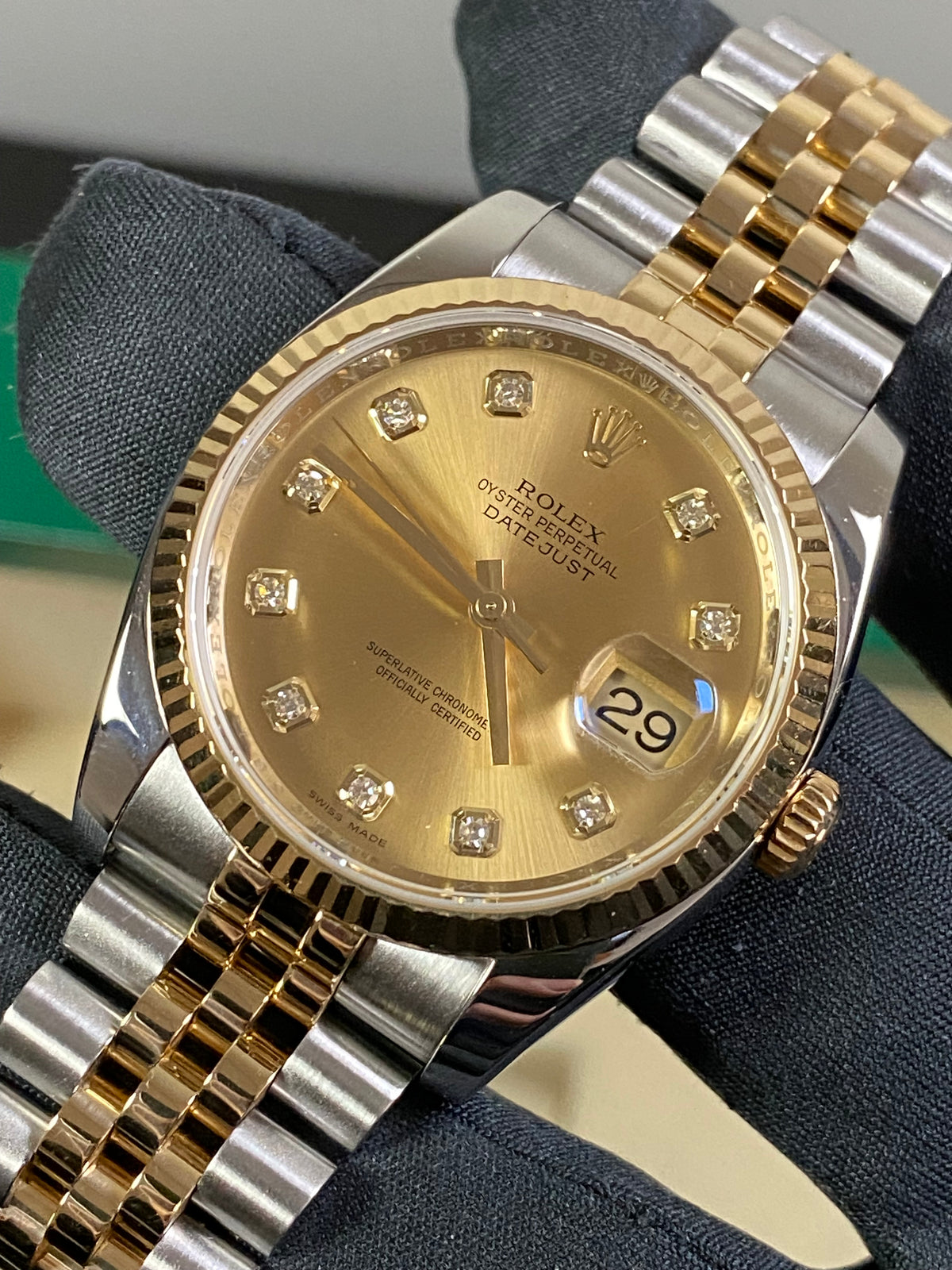 Rolex Steel and Yellow Gold Datejust 36 - 2011 - Fluted Bezel - Factory Diamond Dial - Jubilee Bracelet - 116233 *COMPLETE*