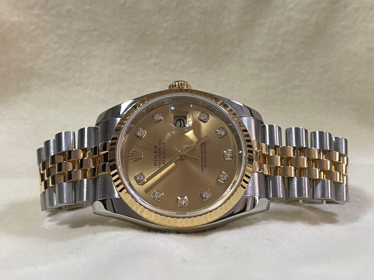 Rolex Steel and Yellow Gold Datejust 36 - 2011 - Fluted Bezel - Factory Diamond Dial - Jubilee Bracelet - 116233 *COMPLETE*