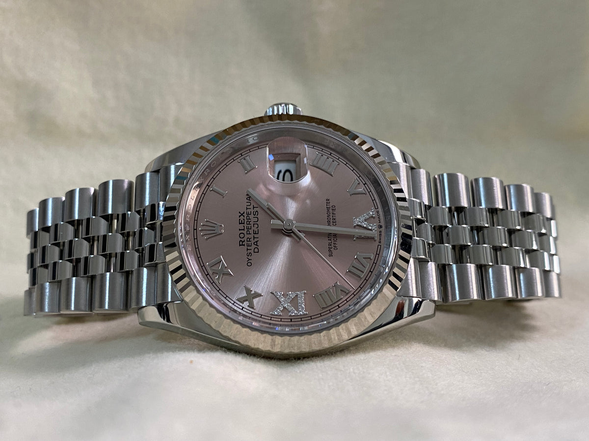 Rolex Steel Datejust 36 - 2023 - Fluted Bezel - Pink Diamond Roman VI and IX Dial - Jubilee Bracelet - 126234 *FULL SET*