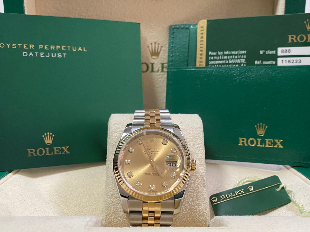 Rolex Steel and Yellow Gold Datejust 36 - 2011 - Fluted Bezel - Factory Diamond Dial - Jubilee Bracelet - 116233 *COMPLETE*