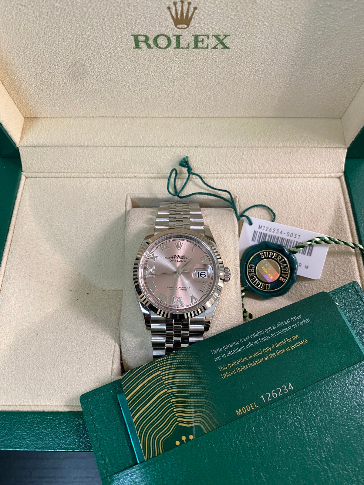 Rolex Steel Datejust 36 - 2023 - Fluted Bezel - Pink Diamond Roman VI and IX Dial - Jubilee Bracelet - 126234 *FULL SET*