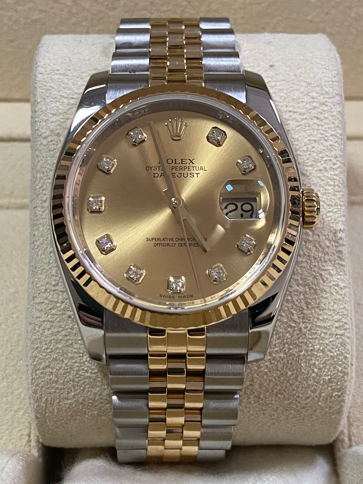 Rolex Steel and Yellow Gold Datejust 36 - 2011 - Fluted Bezel - Factory Diamond Dial - Jubilee Bracelet - 116233 *COMPLETE*