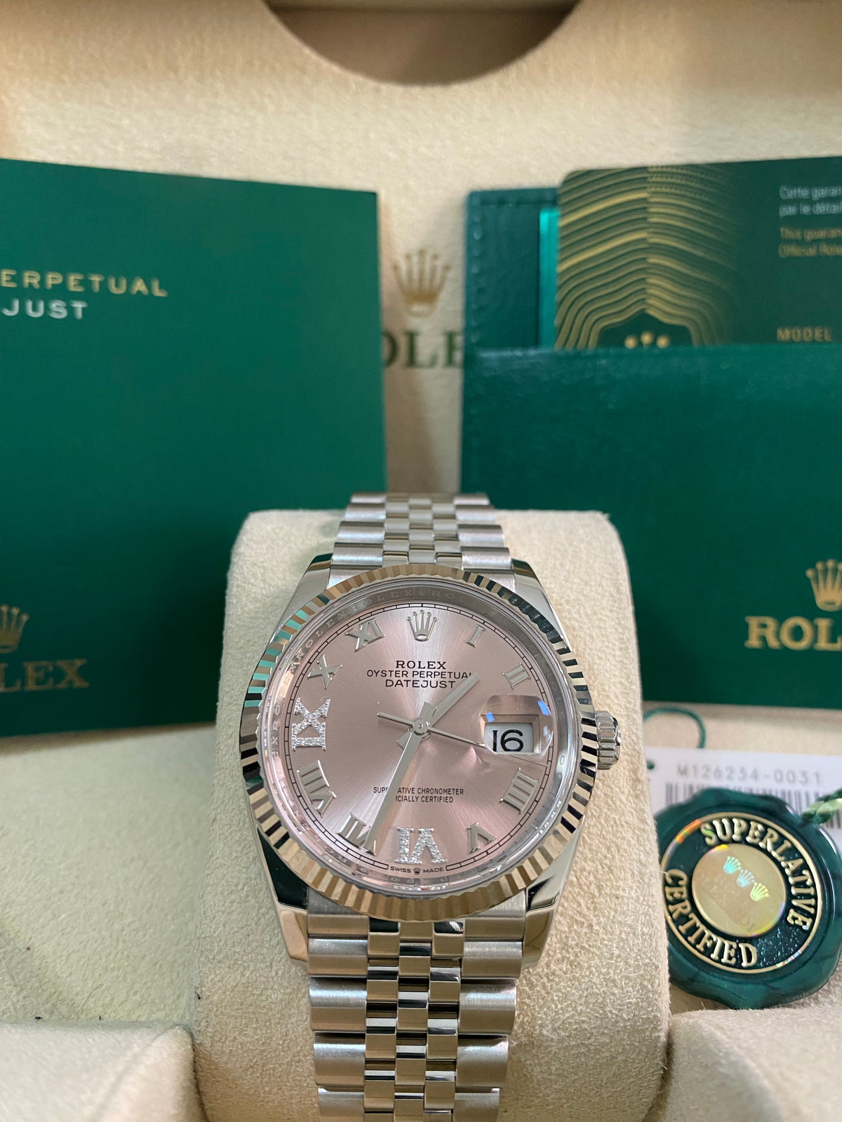 Rolex Steel Datejust 36 - 2023 - Fluted Bezel - Pink Diamond Roman VI and IX Dial - Jubilee Bracelet - 126234 *FULL SET*