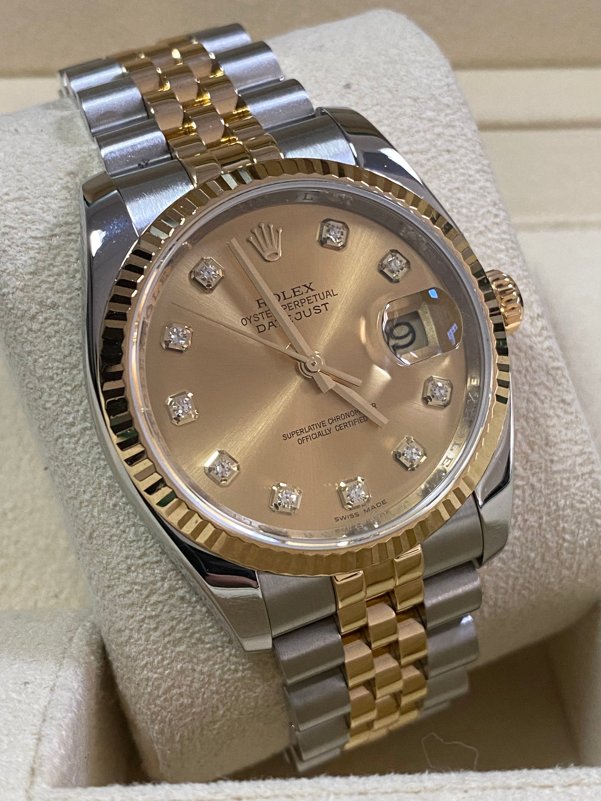 Rolex Steel and Yellow Gold Datejust 36 - 2011 - Fluted Bezel - Factory Diamond Dial - Jubilee Bracelet - 116233 *COMPLETE*