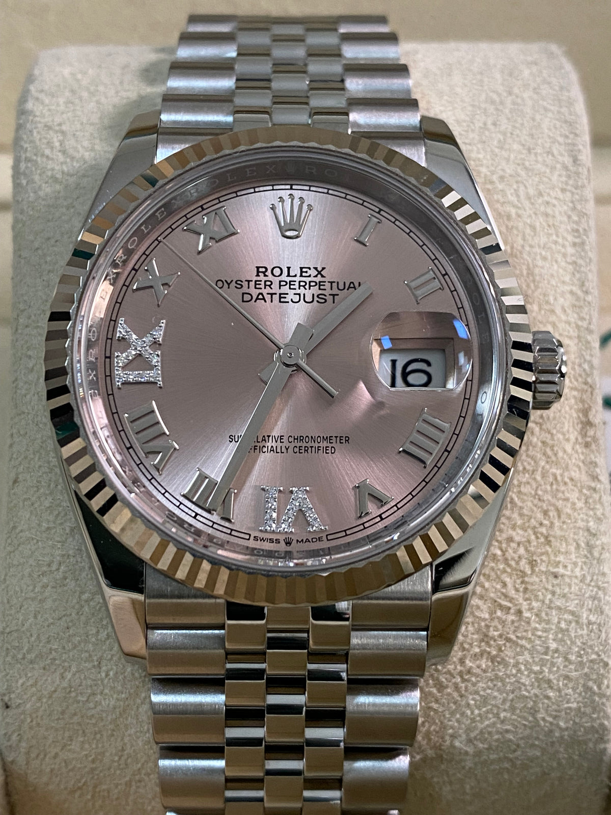 Rolex Steel Datejust 36 - 2023 - Fluted Bezel - Pink Diamond Roman VI and IX Dial - Jubilee Bracelet - 126234 *FULL SET*