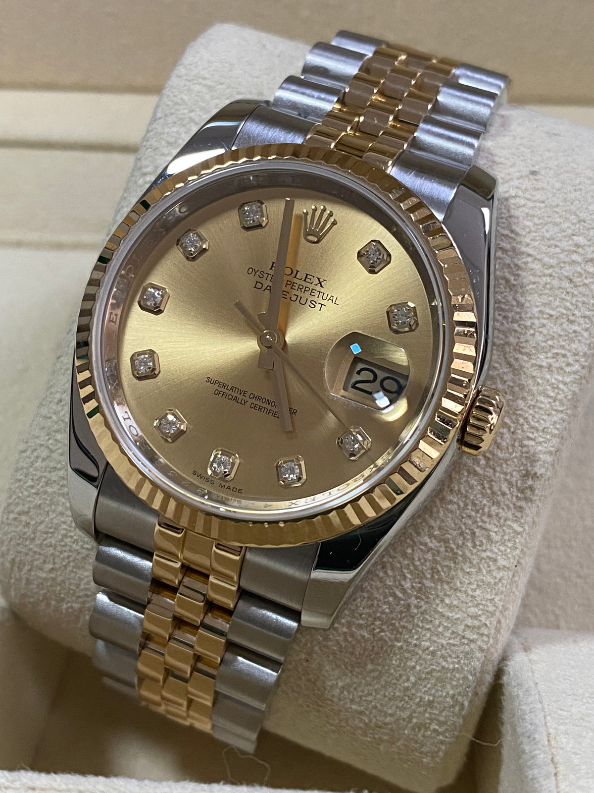 Rolex Steel and Yellow Gold Datejust 36 - 2011 - Fluted Bezel - Factory Diamond Dial - Jubilee Bracelet - 116233 *COMPLETE*