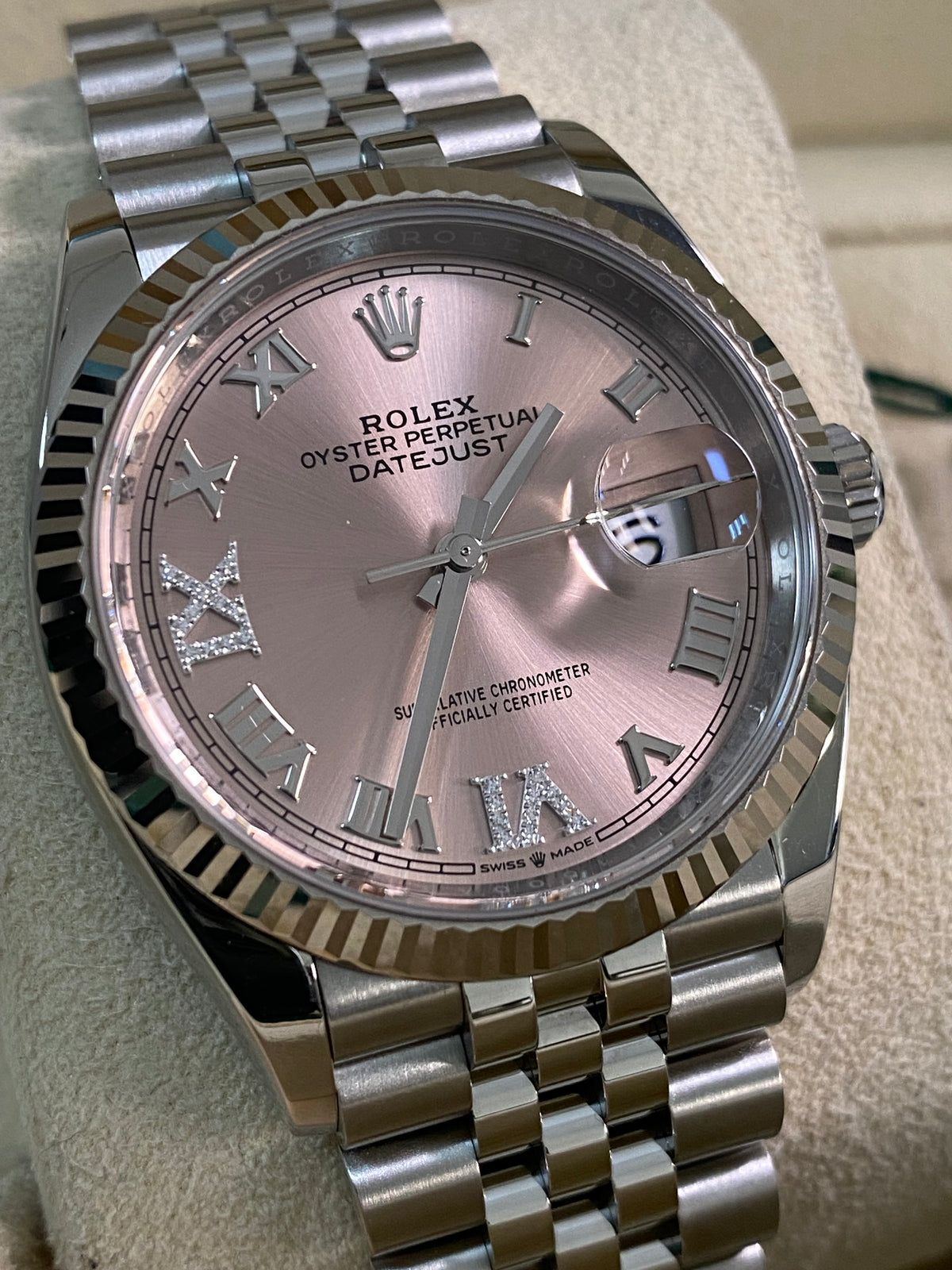 Rolex Steel Datejust 36 - 2023 - Fluted Bezel - Pink Diamond Roman VI and IX Dial - Jubilee Bracelet - 126234 *FULL SET*