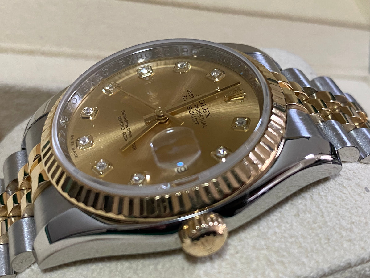 Rolex Steel and Yellow Gold Datejust 36 - 2011 - Fluted Bezel - Factory Diamond Dial - Jubilee Bracelet - 116233 *COMPLETE*