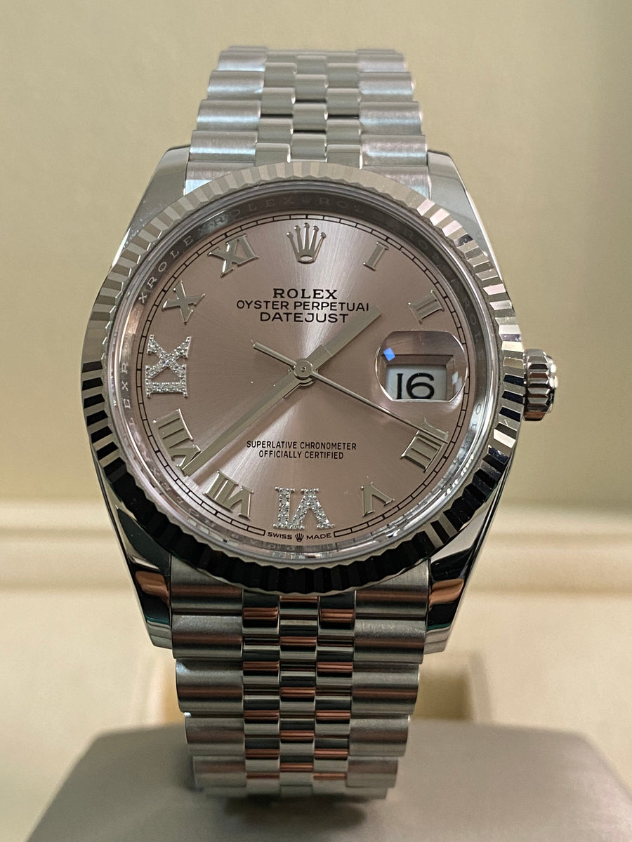 Rolex Steel Datejust 36 - 2023 - Fluted Bezel - Pink Diamond Roman VI and IX Dial - Jubilee Bracelet - 126234 *FULL SET*