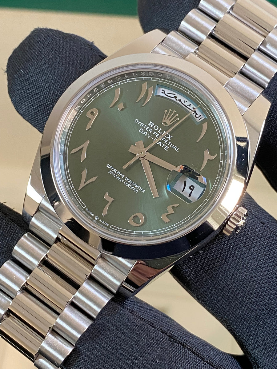 Rolex Platinum Day-Date 40 - Smooth Bezel - Olive Green Arabic Language Dial - President Bracelet - 228206