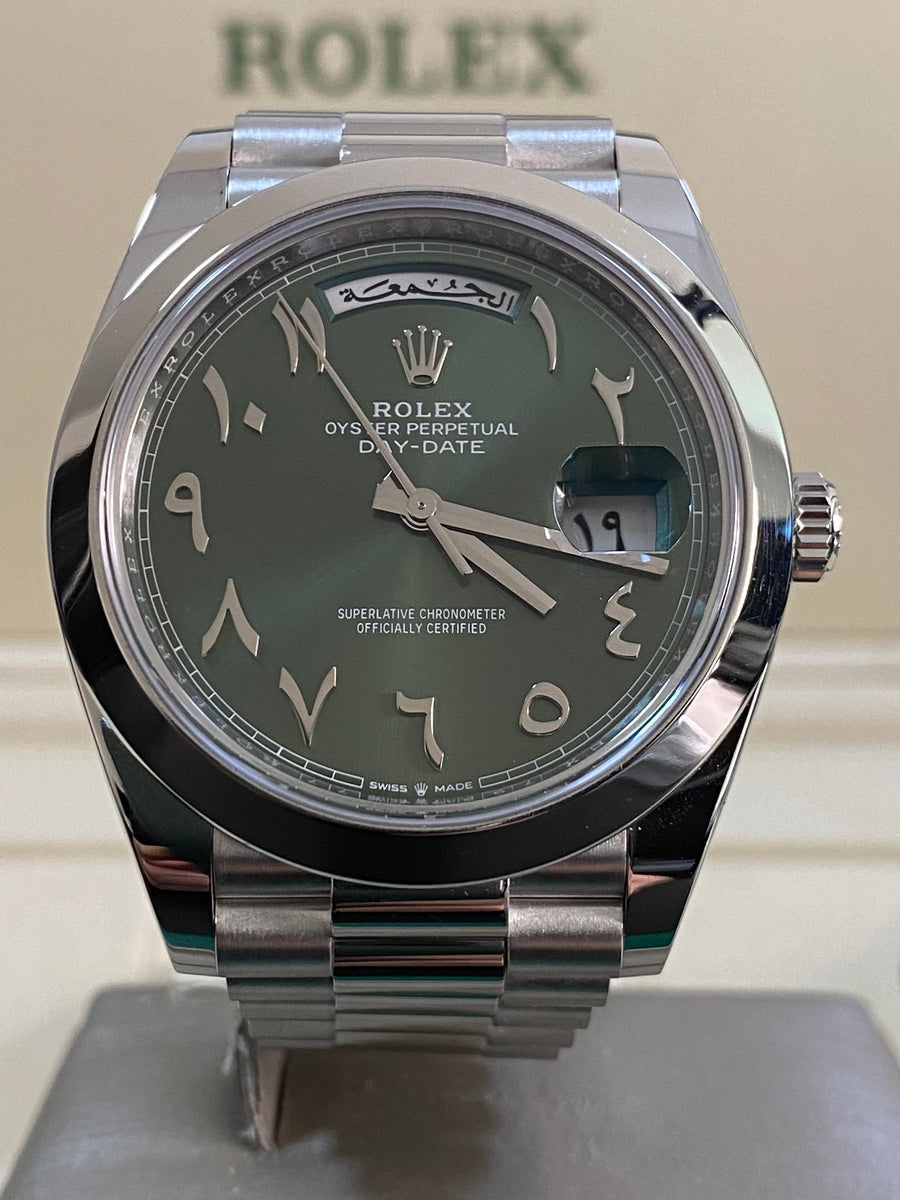 Rolex Platinum Day-Date 40 - Smooth Bezel - Olive Green Arabic Language Dial - President Bracelet - 228206