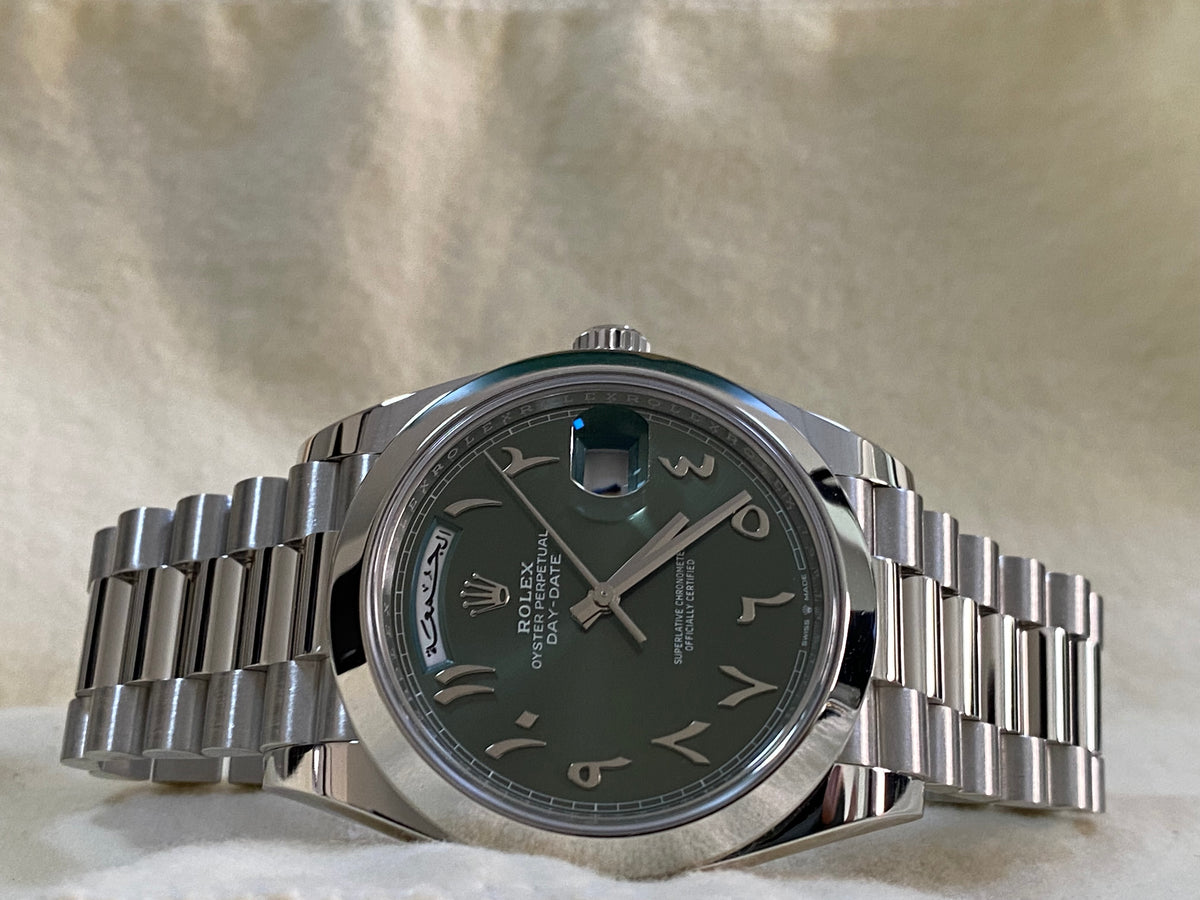 Rolex Platinum Day-Date 40 - Smooth Bezel - Olive Green Arabic Language Dial - President Bracelet - 228206