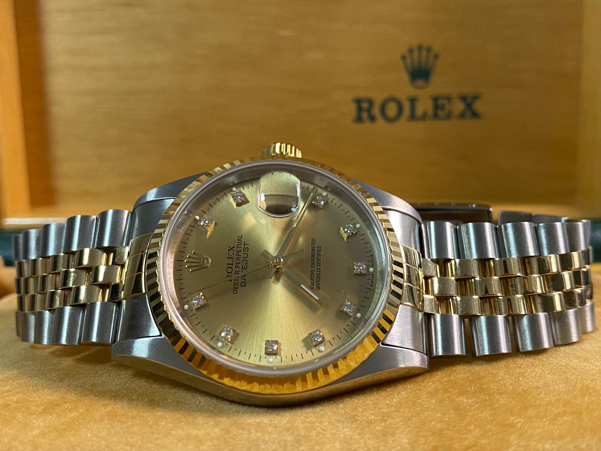 Rolex Steel and Yellow Gold Datejust 36 - W serial - Fluted Bezel - Factory Diamond Dial - Jubilee Bracelet - 16233 *COMPLETE SET*