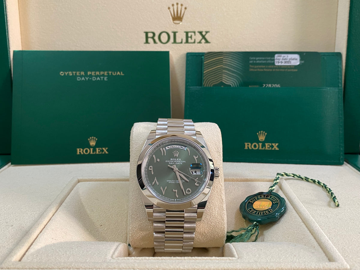 Rolex Platinum Day-Date 40 - Smooth Bezel - Olive Green Arabic Language Dial - President Bracelet - 228206