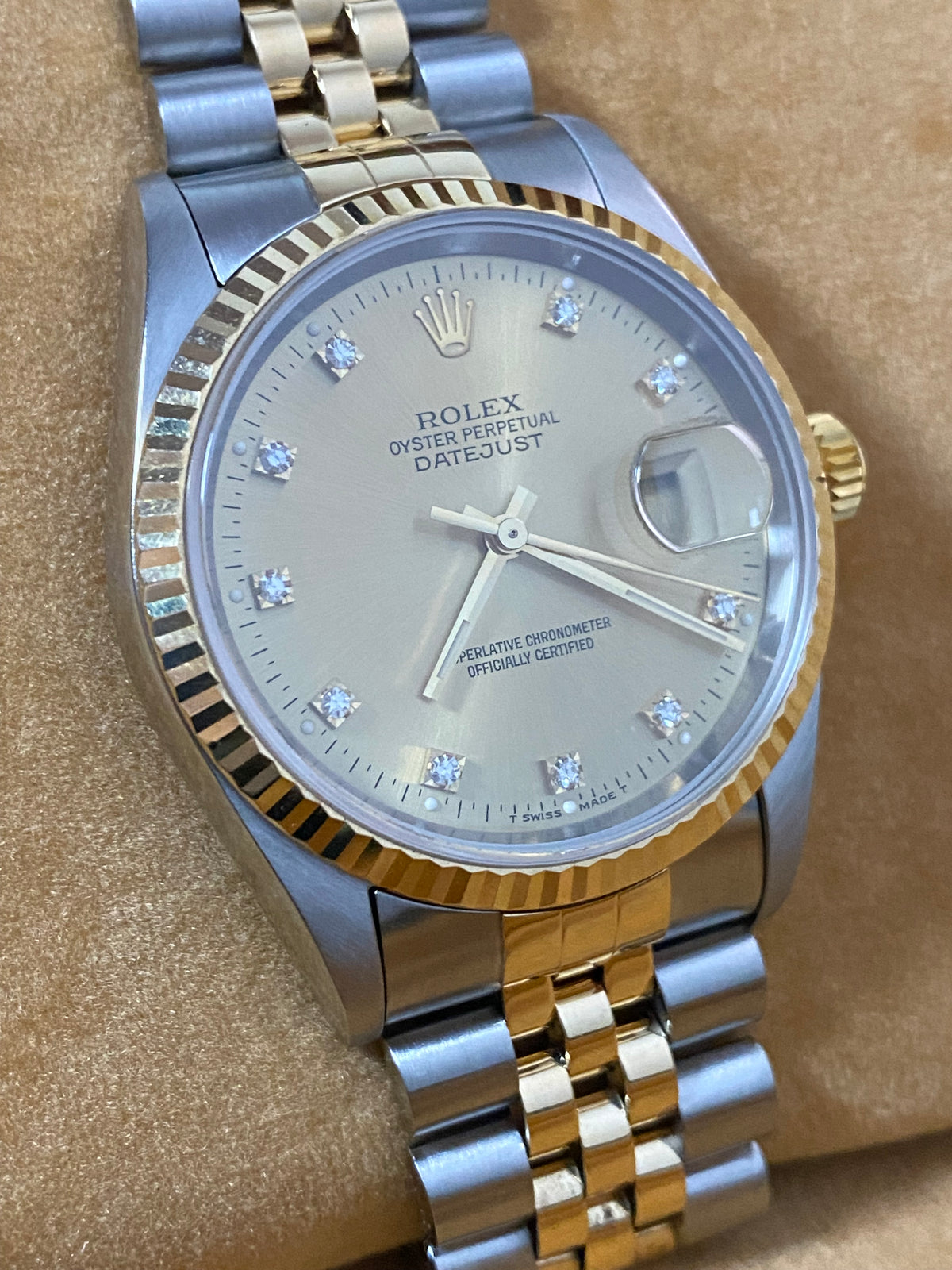 Rolex Steel and Yellow Gold Datejust 36 - W serial - Fluted Bezel - Factory Diamond Dial - Jubilee Bracelet - 16233 *COMPLETE SET*