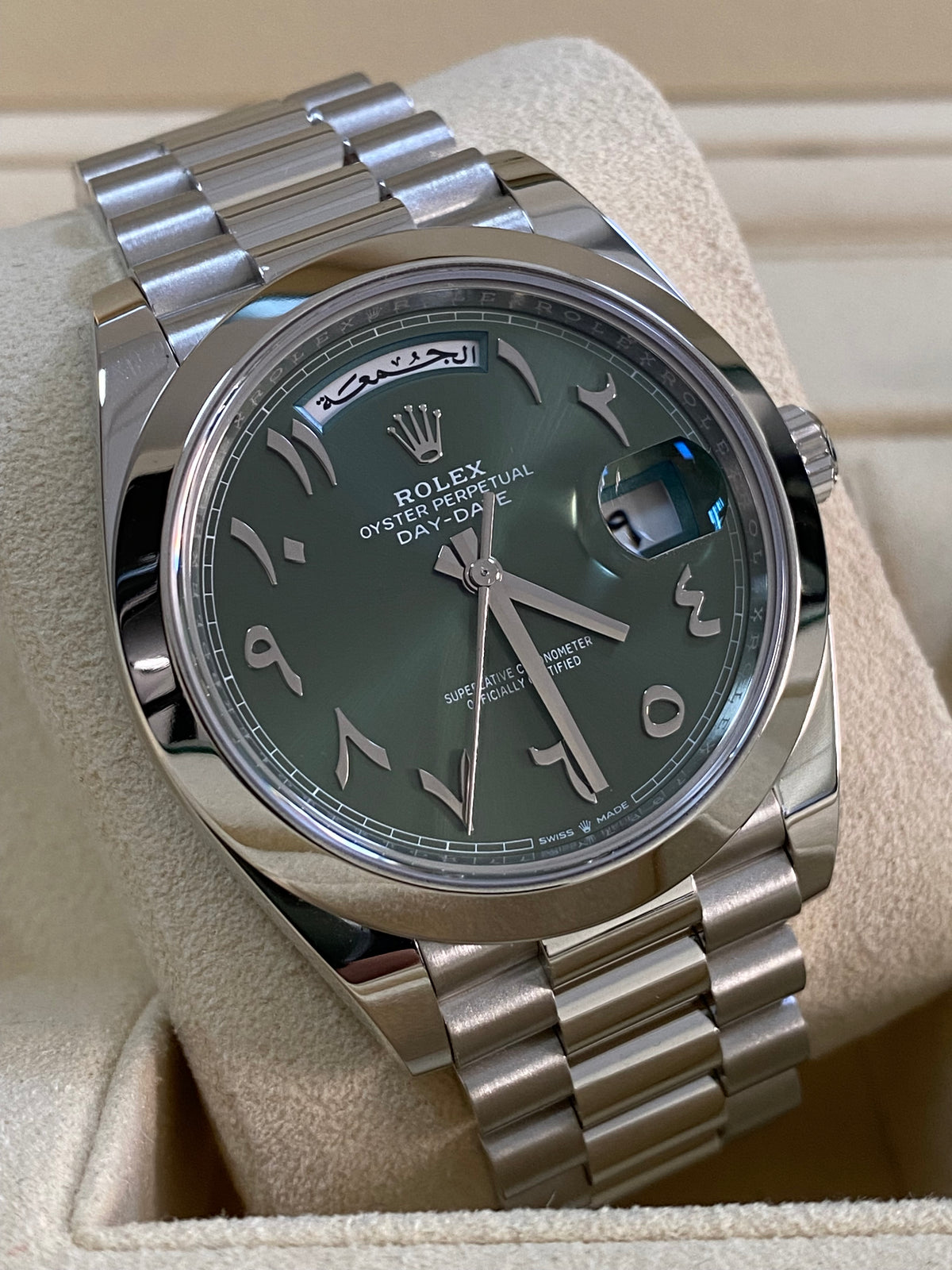 Rolex Platinum Day-Date 40 - Smooth Bezel - Olive Green Arabic Language Dial - President Bracelet - 228206