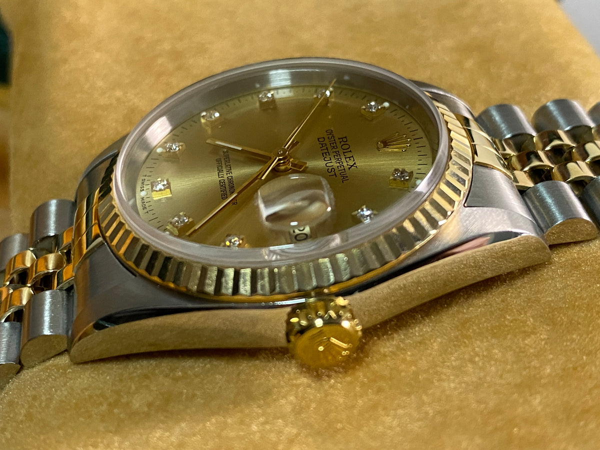 Rolex Steel and Yellow Gold Datejust 36 - W serial - Fluted Bezel - Factory Diamond Dial - Jubilee Bracelet - 16233 *COMPLETE SET*