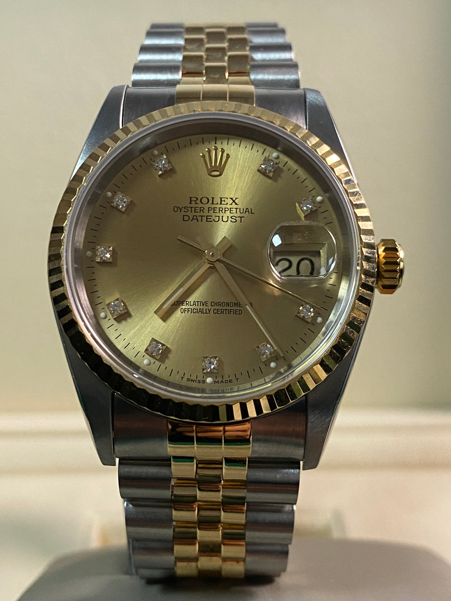 Rolex Steel and Yellow Gold Datejust 36 - W serial - Fluted Bezel - Factory Diamond Dial - Jubilee Bracelet - 16233 *COMPLETE SET*