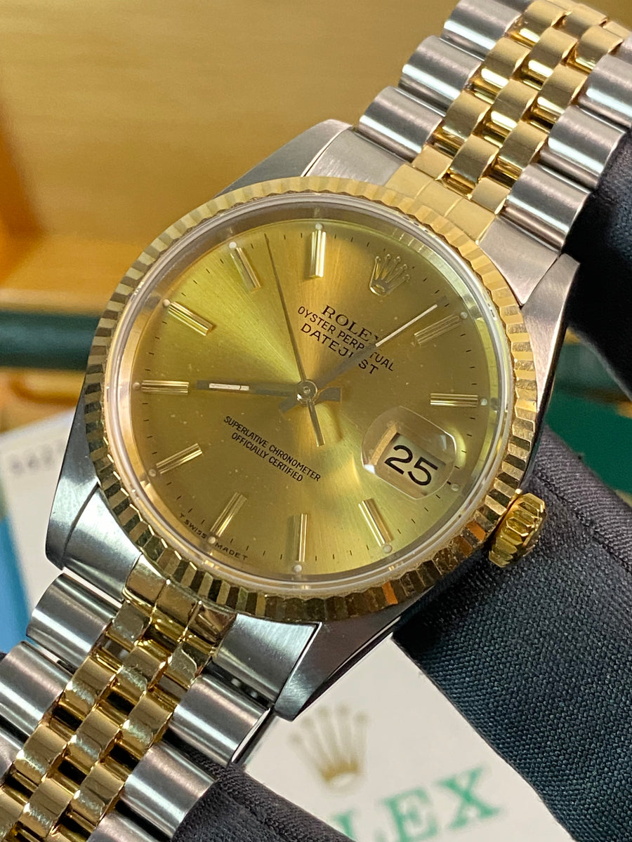 Rolex Steel and Yellow Gold Datejust 36 - S serial - Fluted Bezel - Champagne Index Dial - Jubilee Bracelet - 16233 *COMPLETE SET*