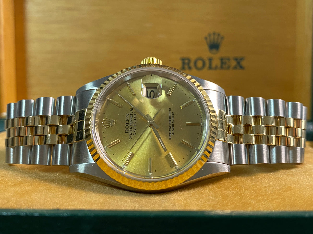 Rolex Steel and Yellow Gold Datejust 36 - S serial - Fluted Bezel - Champagne Index Dial - Jubilee Bracelet - 16233 *COMPLETE SET*