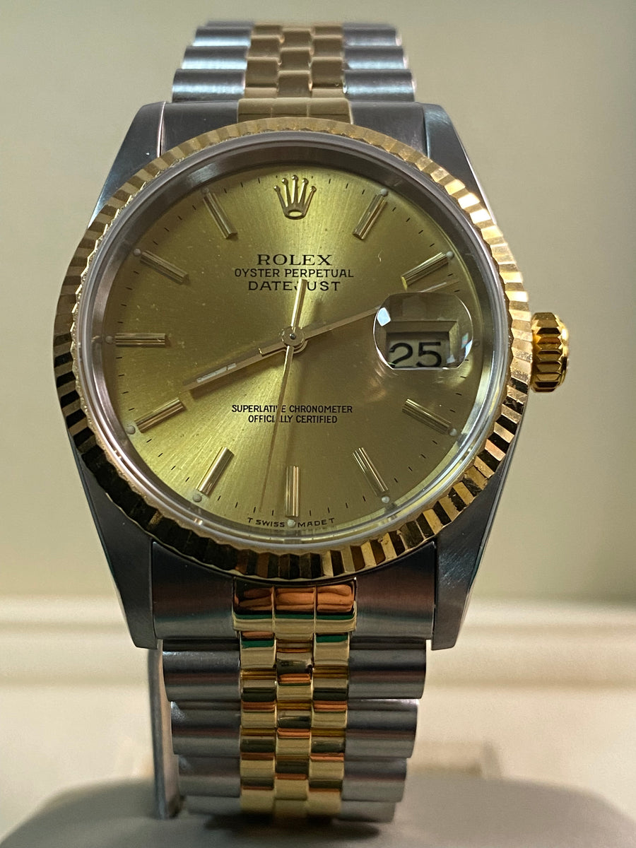 Rolex Steel and Yellow Gold Datejust 36 - S serial - Fluted Bezel - Champagne Index Dial - Jubilee Bracelet - 16233 *COMPLETE SET*