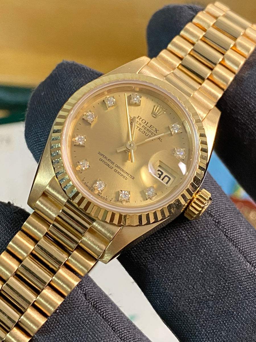 Rolex Yellow Gold Lady-Datejust - S serial - Fluted Bezel - Factory Diamond Dial - President Bracelet - 69178 *FULL SET*