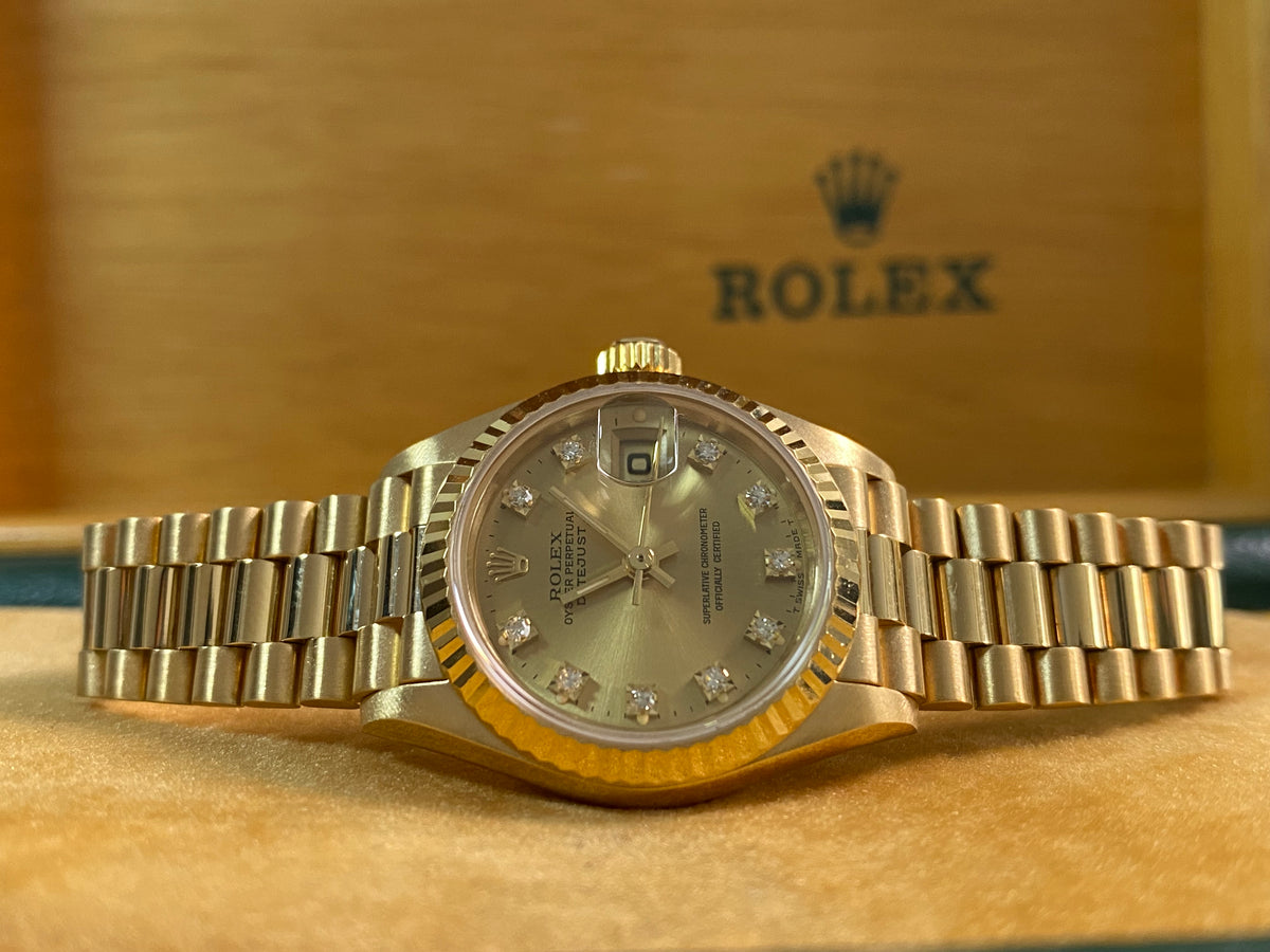 Rolex Yellow Gold Lady-Datejust - S serial - Fluted Bezel - Factory Diamond Dial - President Bracelet - 69178 *FULL SET*