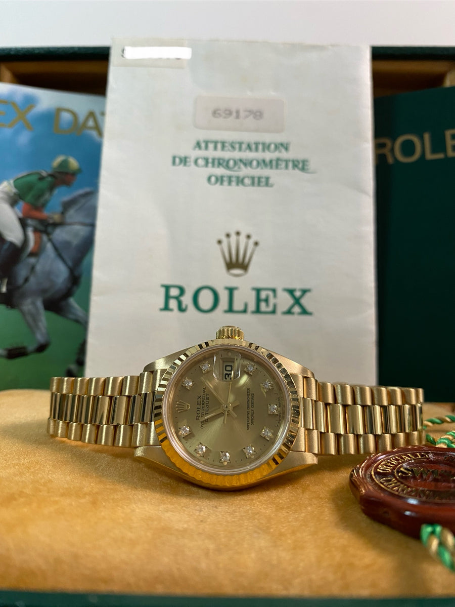 Rolex Yellow Gold Lady-Datejust - S serial - Fluted Bezel - Factory Diamond Dial - President Bracelet - 69178 *FULL SET*