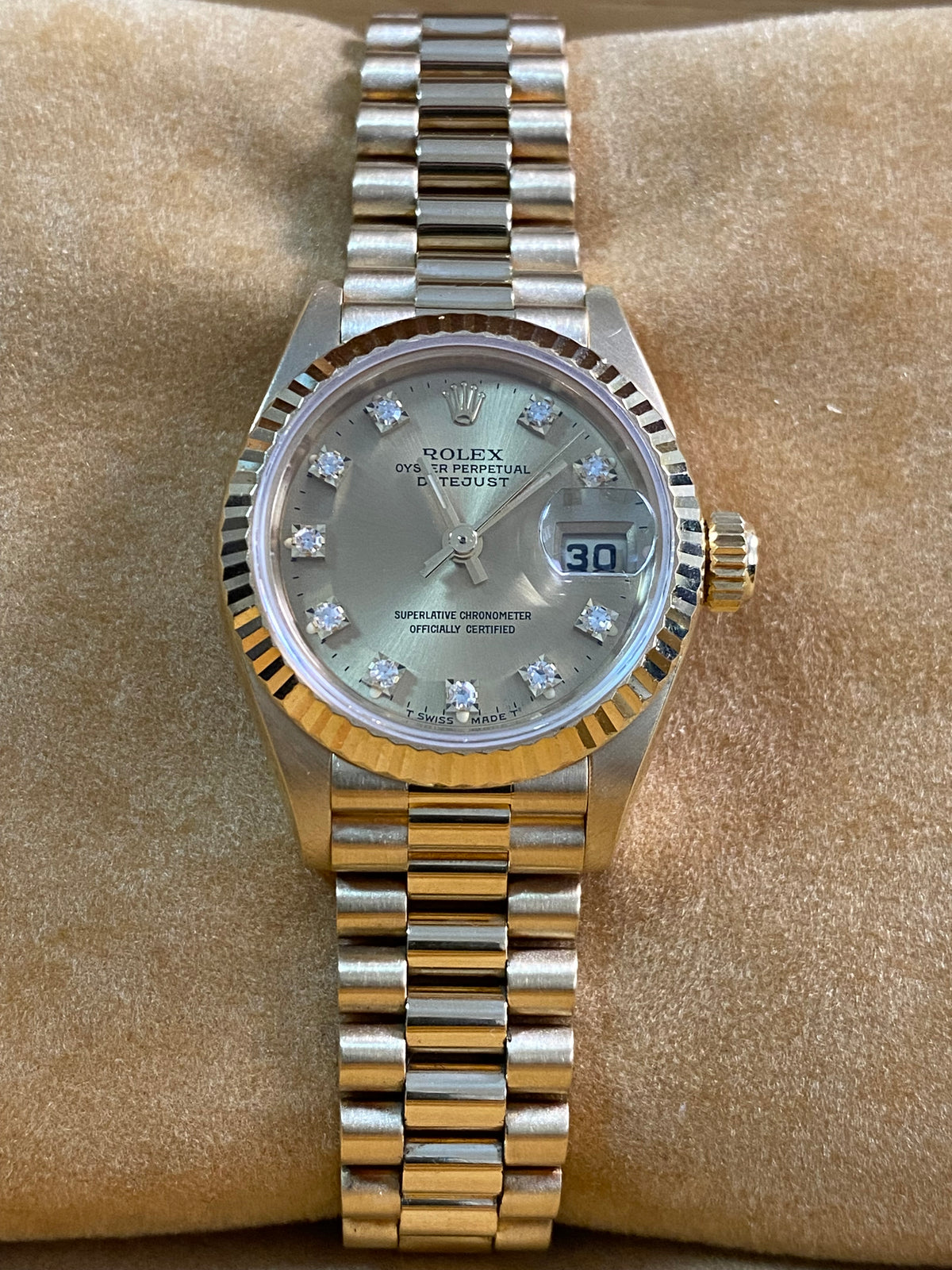 Rolex Yellow Gold Lady-Datejust - S serial - Fluted Bezel - Factory Diamond Dial - President Bracelet - 69178 *FULL SET*