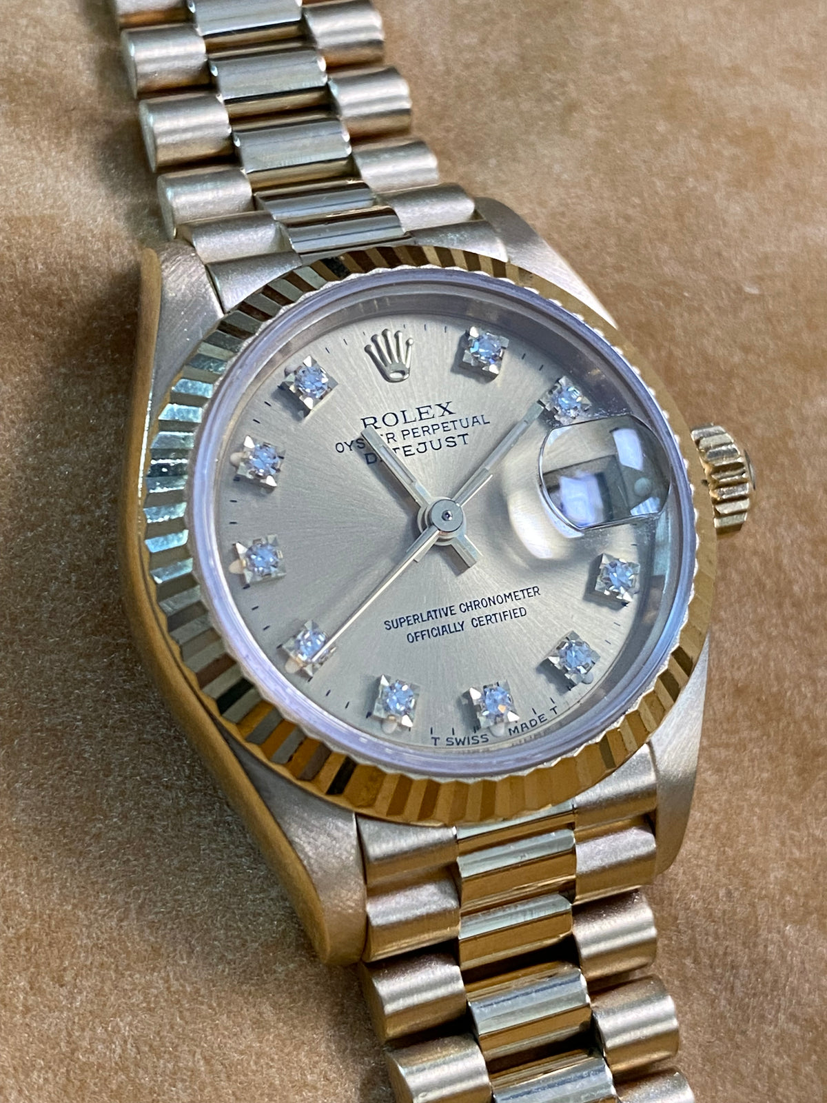 Rolex Yellow Gold Lady-Datejust - S serial - Fluted Bezel - Factory Diamond Dial - President Bracelet - 69178 *FULL SET*