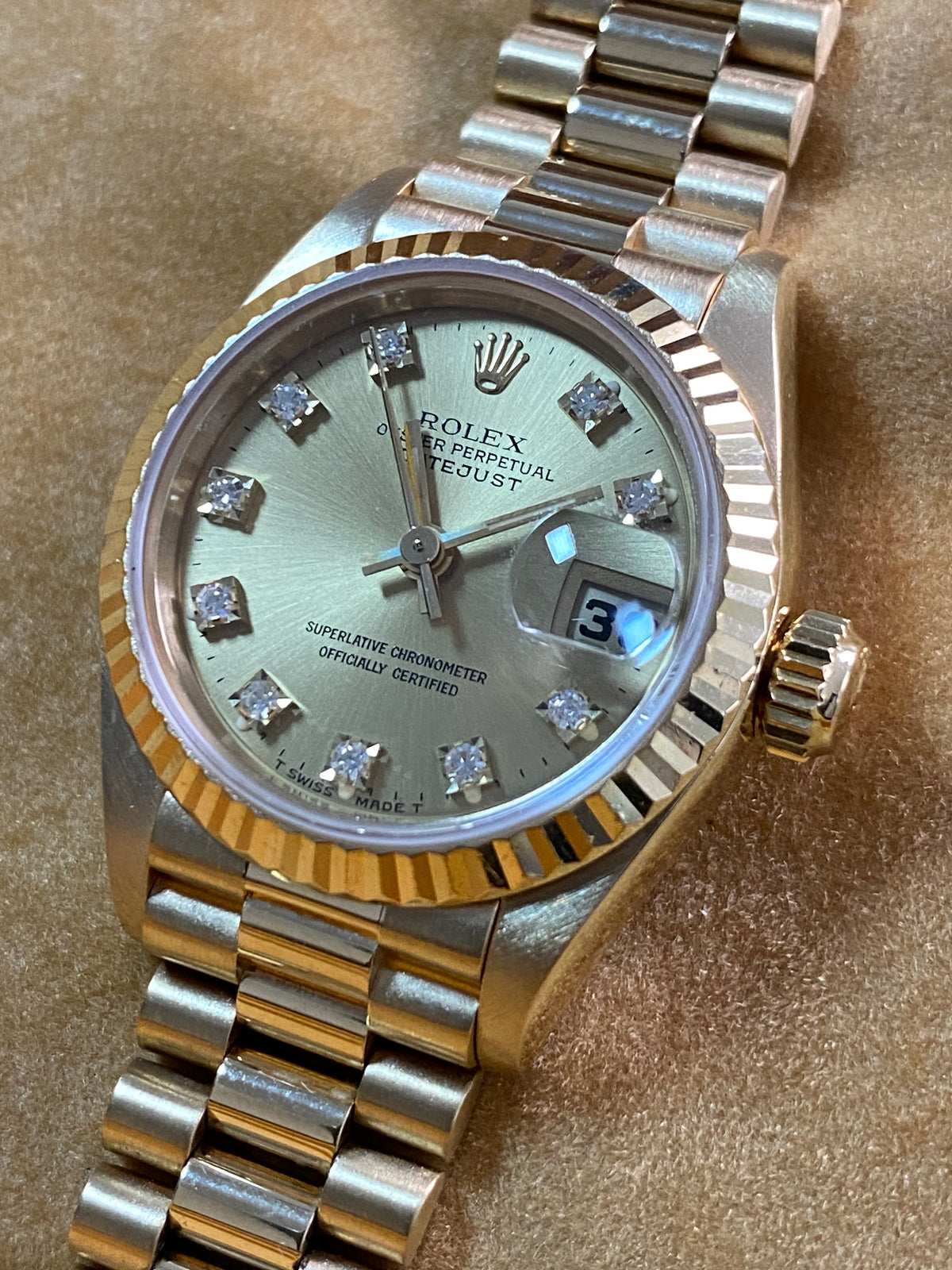 Rolex Yellow Gold Lady-Datejust - S serial - Fluted Bezel - Factory Diamond Dial - President Bracelet - 69178 *FULL SET*