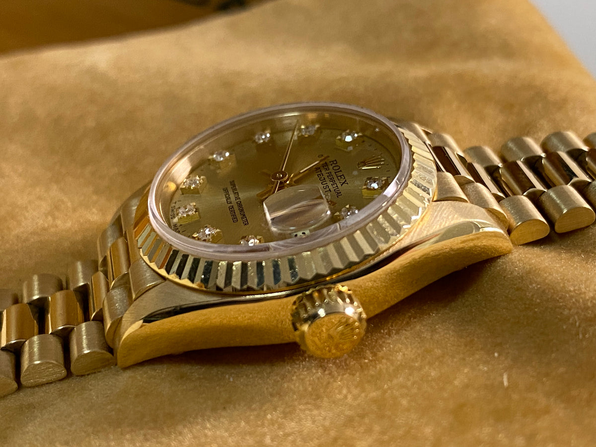 Rolex Yellow Gold Lady-Datejust - S serial - Fluted Bezel - Factory Diamond Dial - President Bracelet - 69178 *FULL SET*