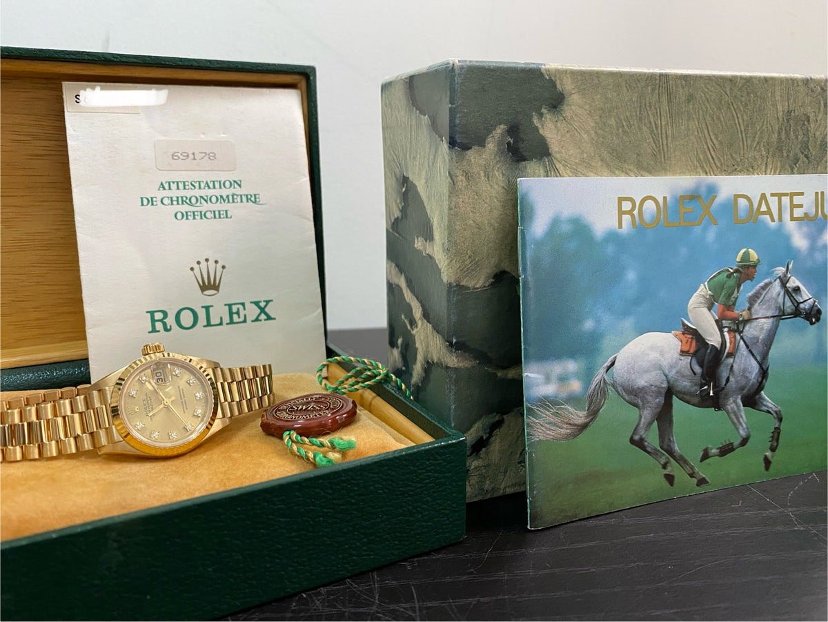 Rolex Yellow Gold Lady-Datejust - S serial - Fluted Bezel - Factory Diamond Dial - President Bracelet - 69178 *FULL SET*