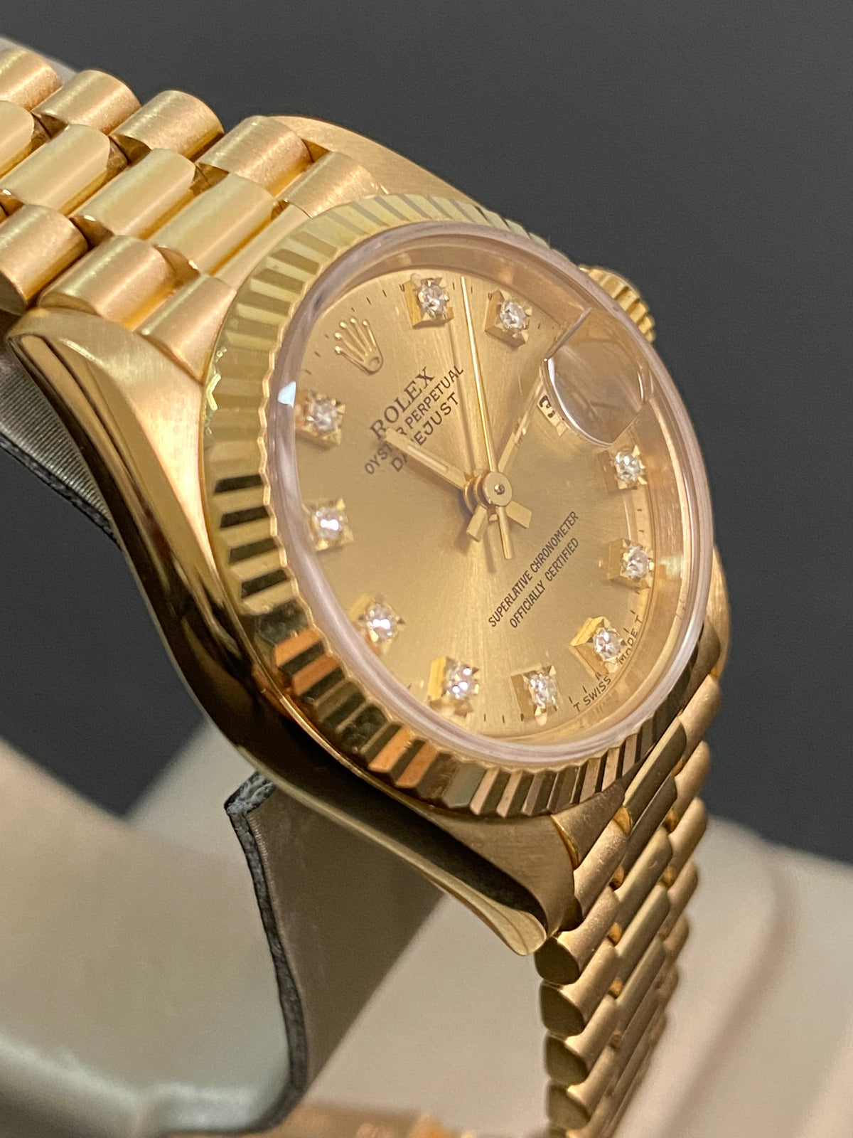 Rolex Yellow Gold Lady-Datejust - S serial - Fluted Bezel - Factory Diamond Dial - President Bracelet - 69178 *FULL SET*